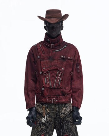 Personsoul Embroidered Stand-Collar Washed Denim Jacket