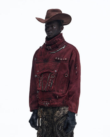 Personsoul Embroidered Stand-Collar Washed Denim Jacket