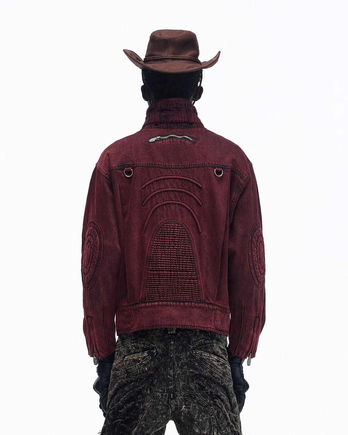 Personsoul Embroidered Stand-Collar Washed Denim Jacket