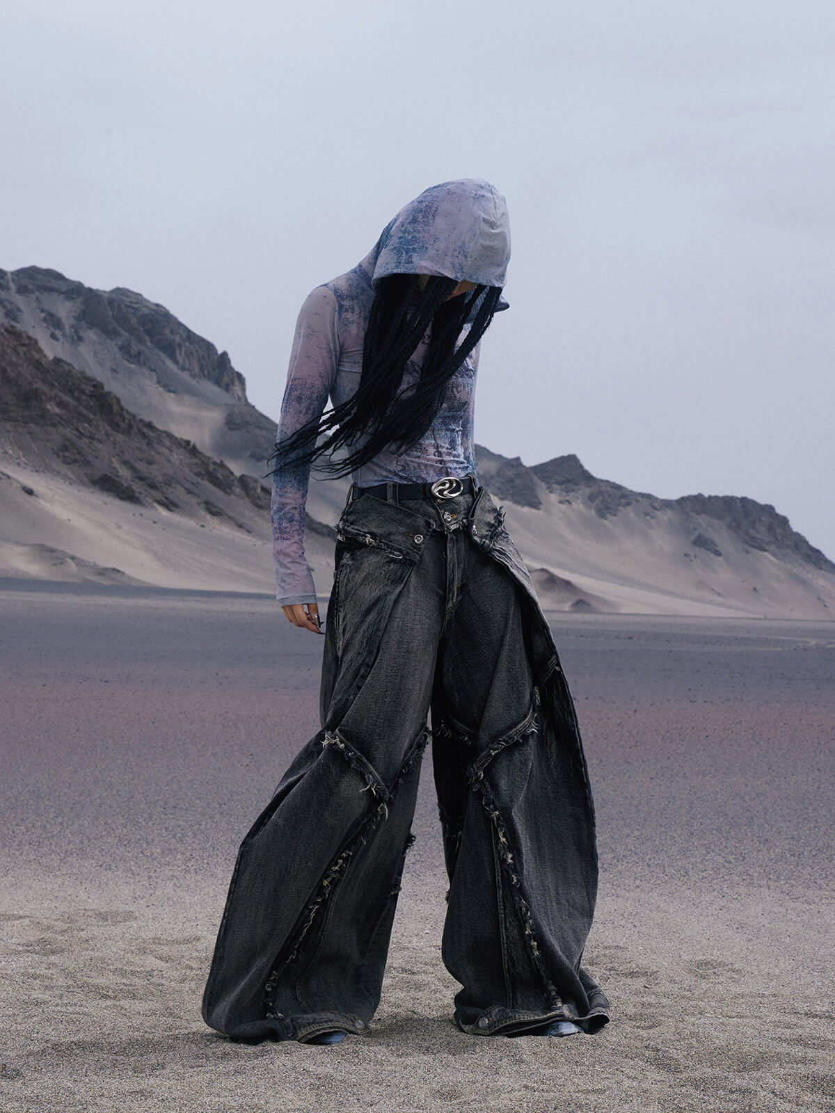 Personsoul Dragon Print Hooded Mesh Long Sleeve Top
