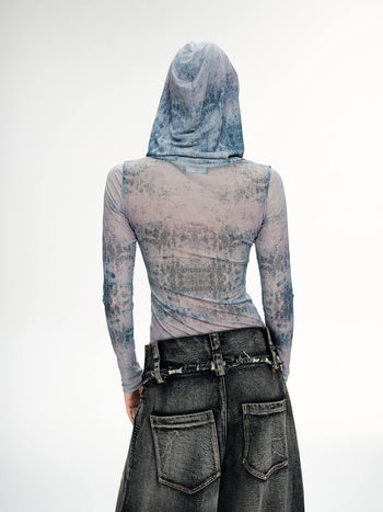 Personsoul Dragon Print Hooded Mesh Long Sleeve Top