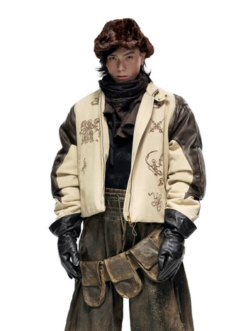 Personsoul Leather Patchwork Cotton Jacket
