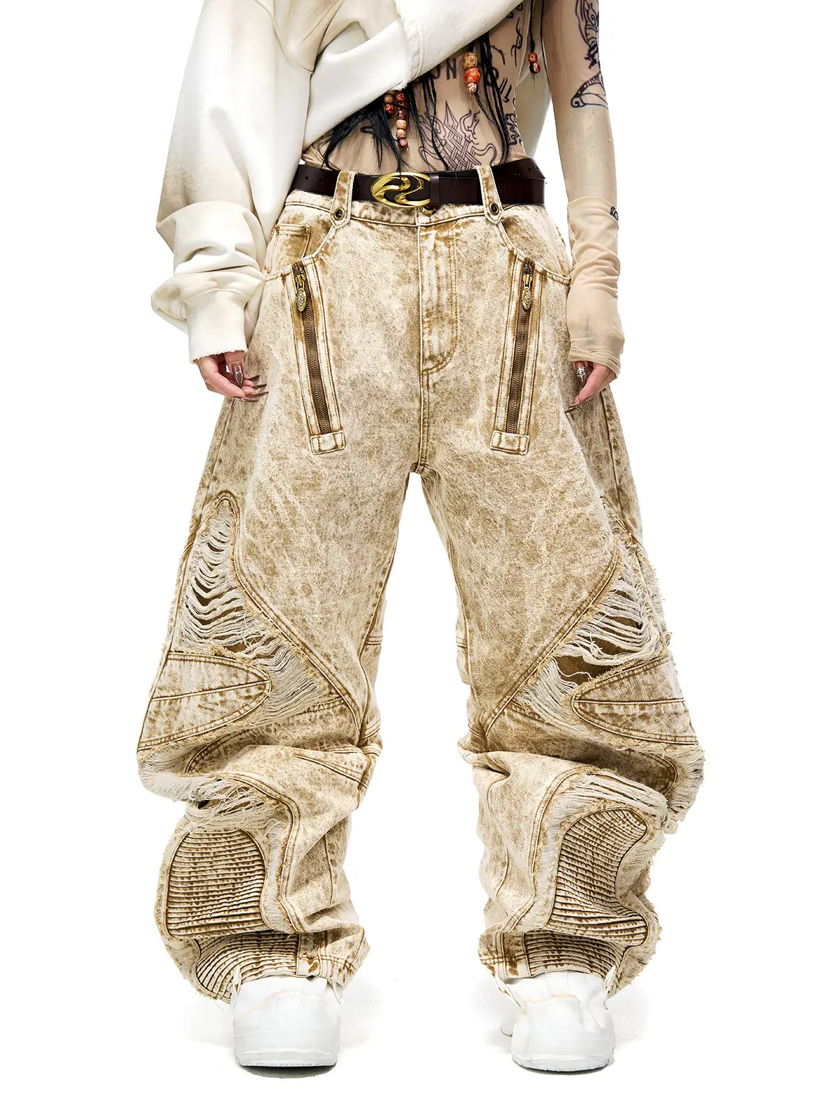 Personsoul Distroyed Apricot Baggy Jeans