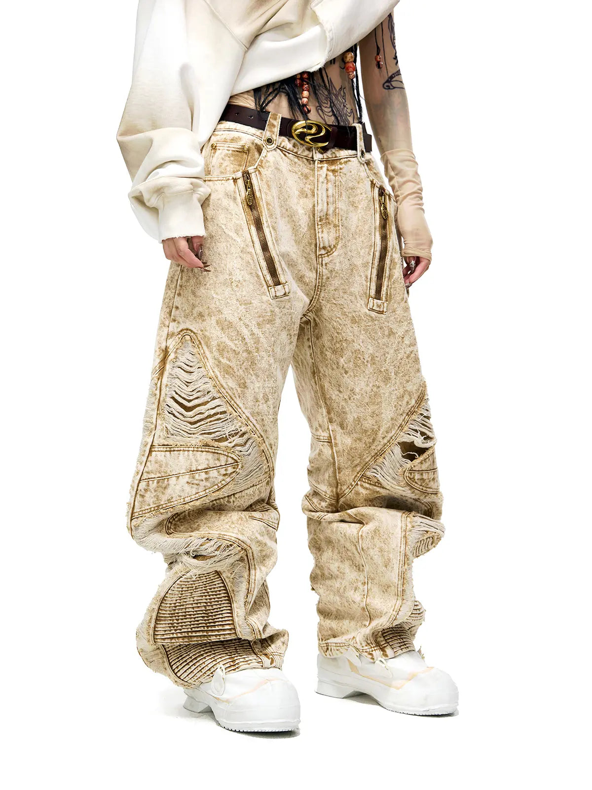 Personsoul Distroyed Apricot Baggy Jeans