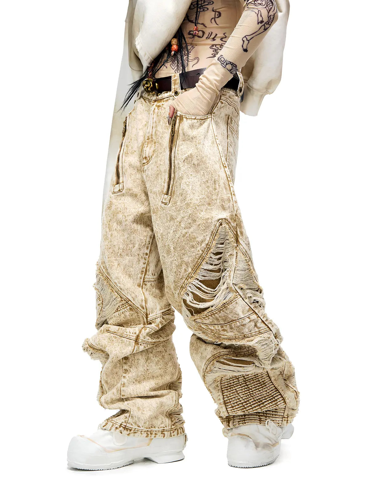 Personsoul Distroyed Apricot Baggy Jeans