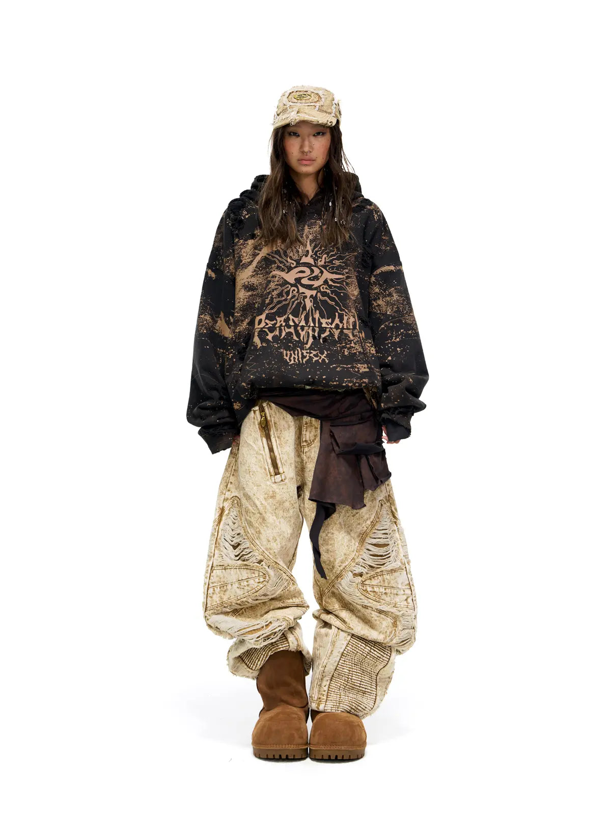 Personsoul Distroyed Apricot Baggy Jeans