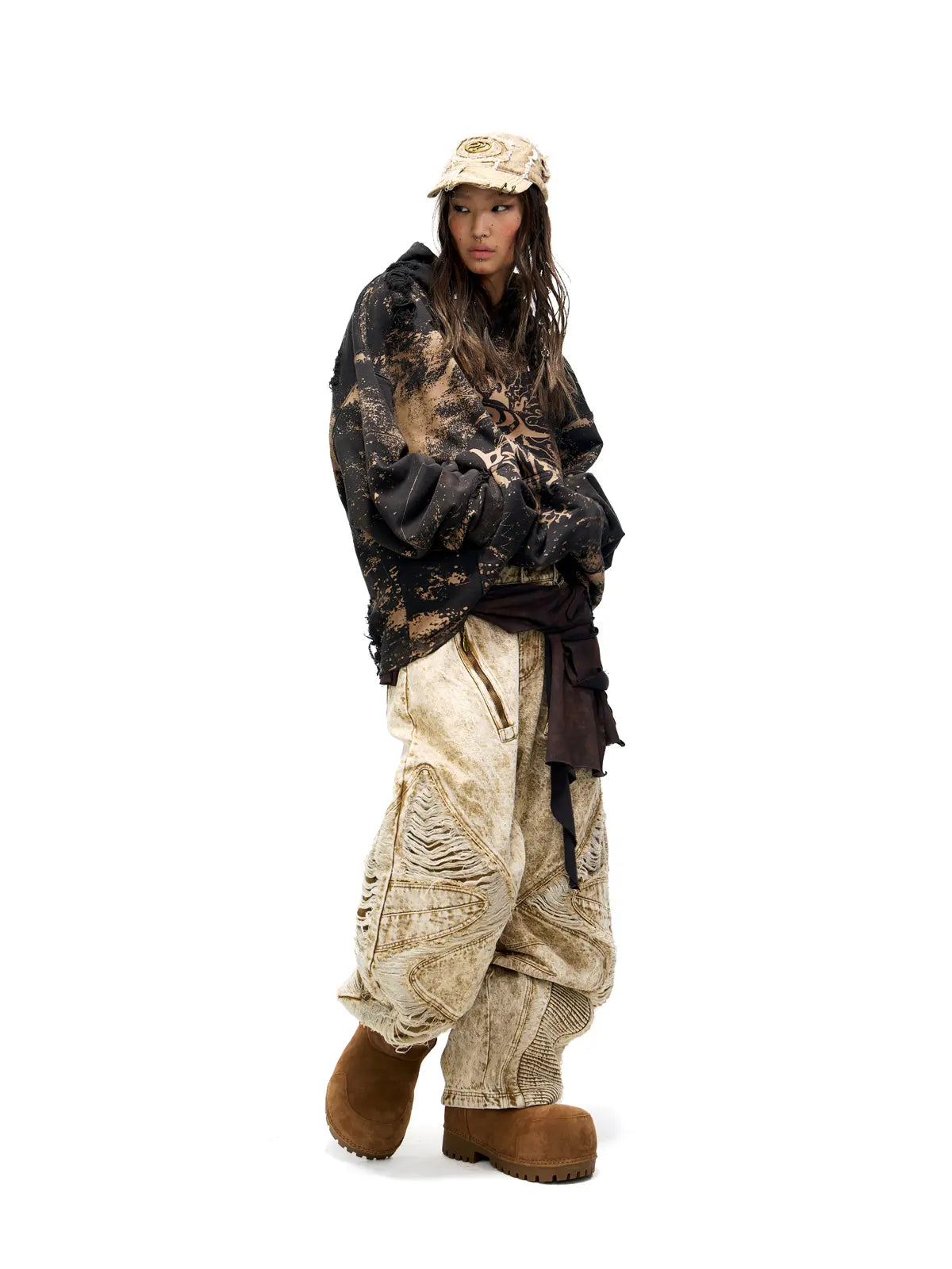 Personsoul Distroyed Apricot Baggy Jeans