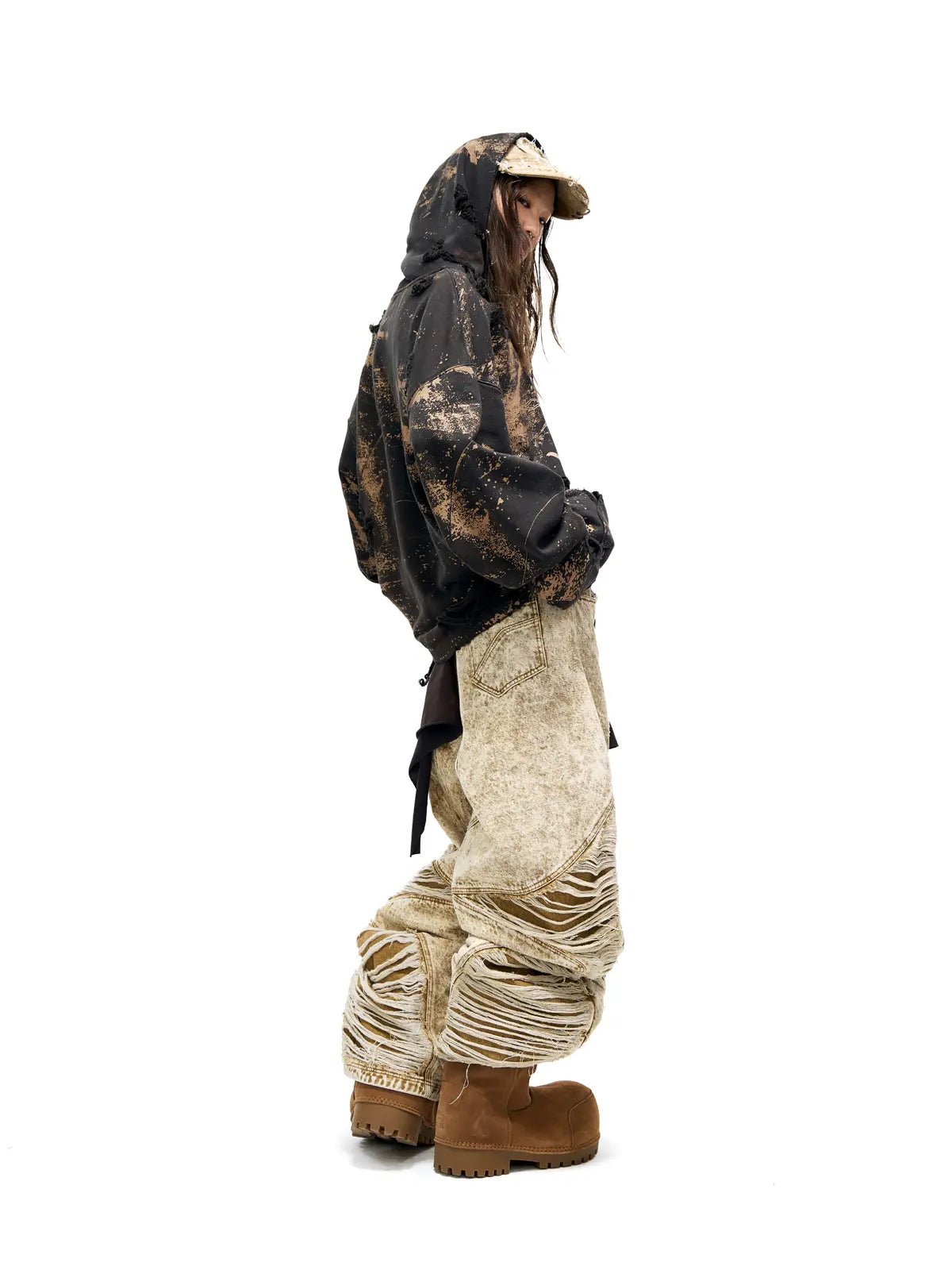 Personsoul Distroyed Apricot Baggy Jeans