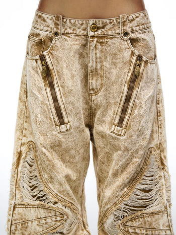 Personsoul Distroyed Apricot Baggy Jeans