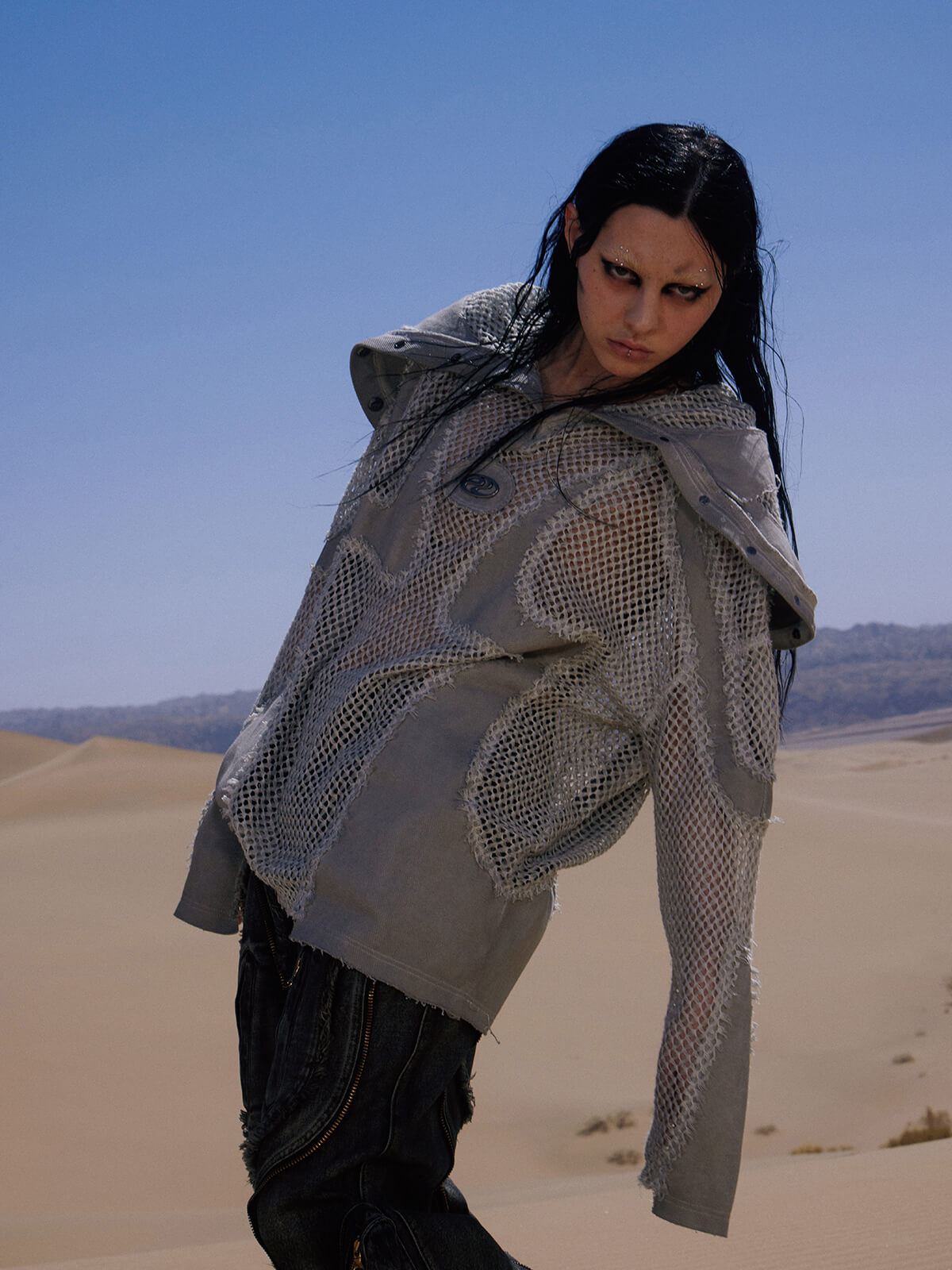 Personsoul Split Mesh Hooded Long Sleeves Top