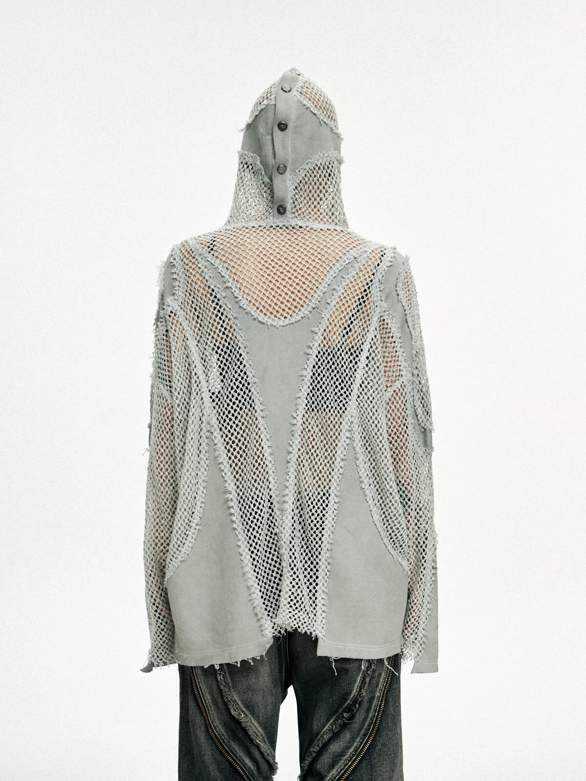 Personsoul Split Mesh Hooded Long Sleeves Top