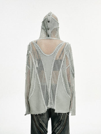 Personsoul Split Mesh Hooded Long Sleeves Top