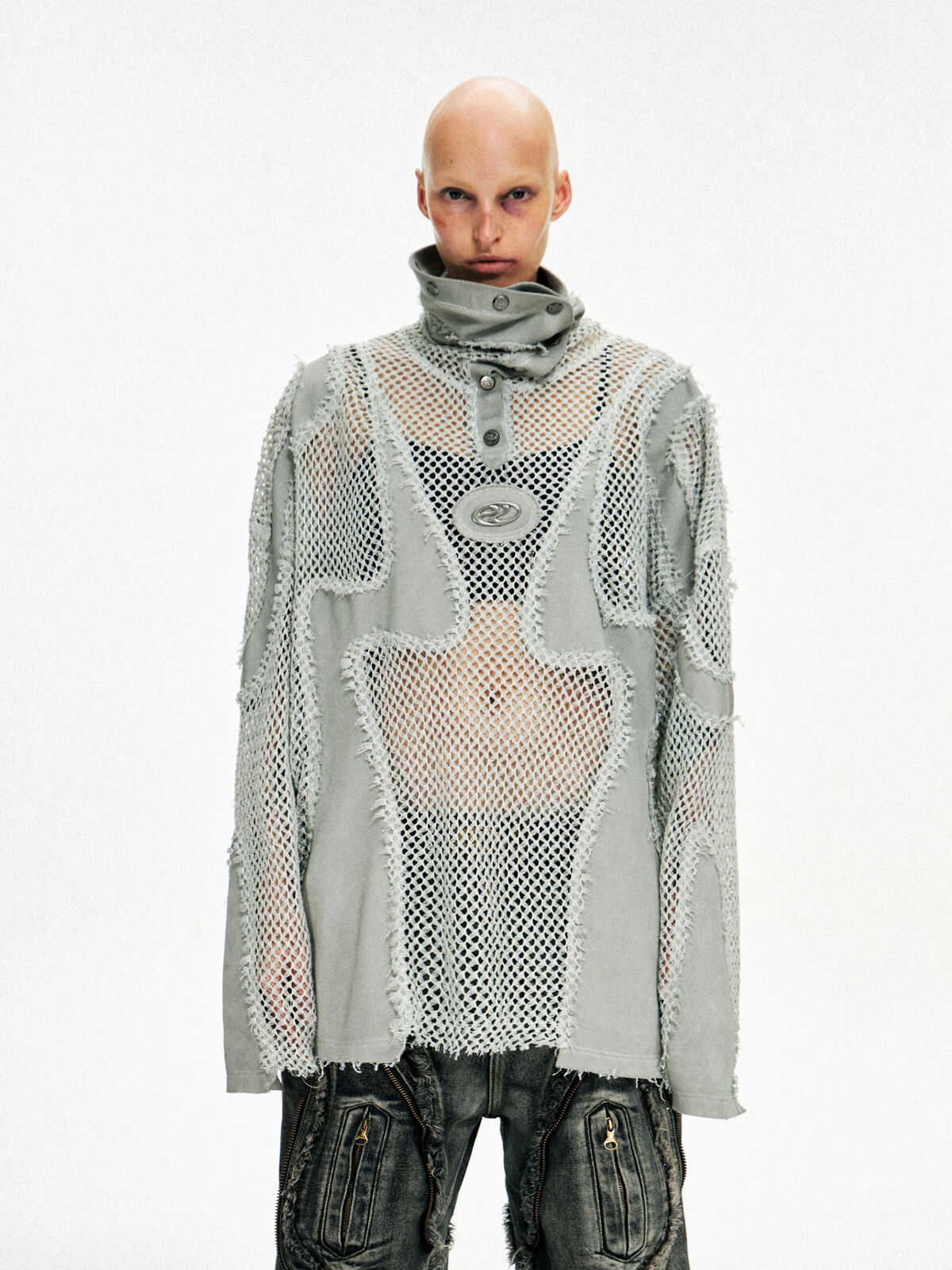 Personsoul Split Mesh Hooded Long Sleeves Top