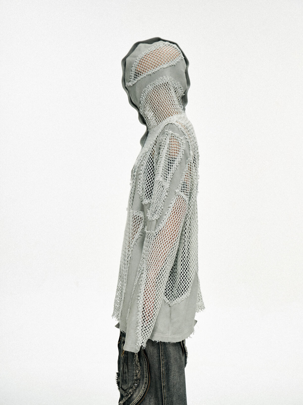 Personsoul Split Mesh Hooded Long Sleeves Top