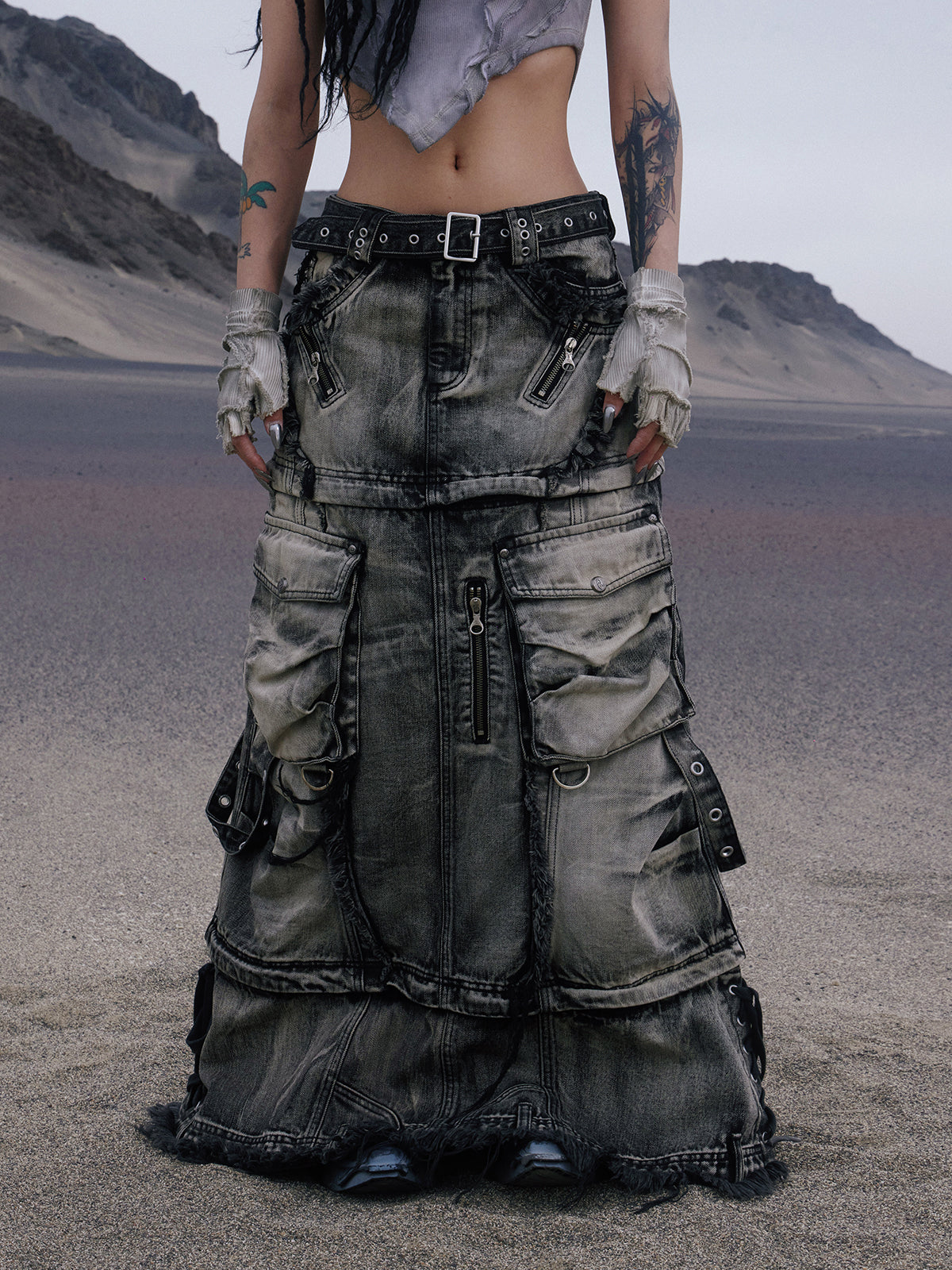 Personsoul Three-Stage Faded Maxi Denim Skirt