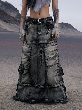 Personsoul Three-Stage Faded Maxi Denim Skirt