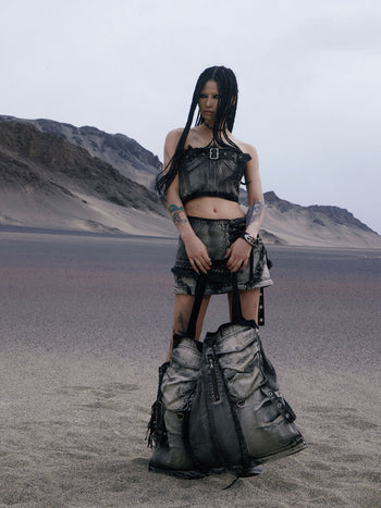 Personsoul Three-Stage Faded Maxi Denim Skirt