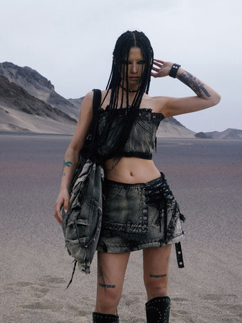 Personsoul Three-Stage Faded Maxi Denim Skirt
