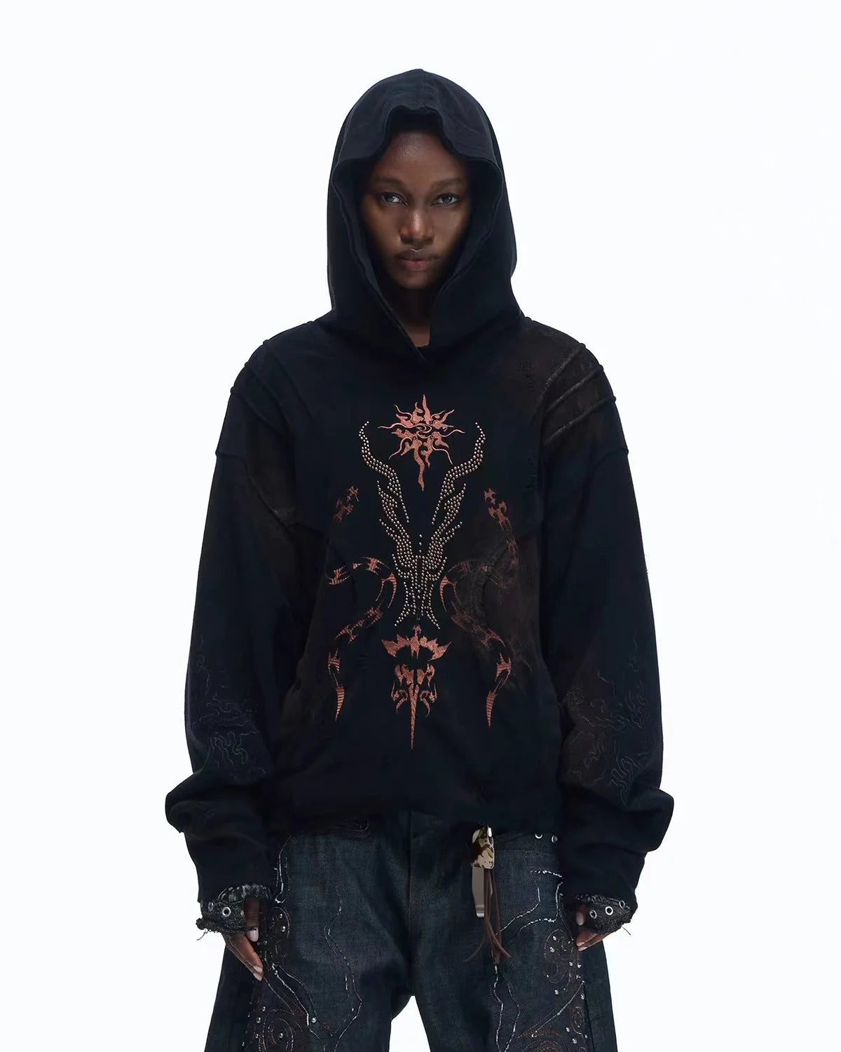 Personsoul Rhinestone Embroidered Hoodie In Black