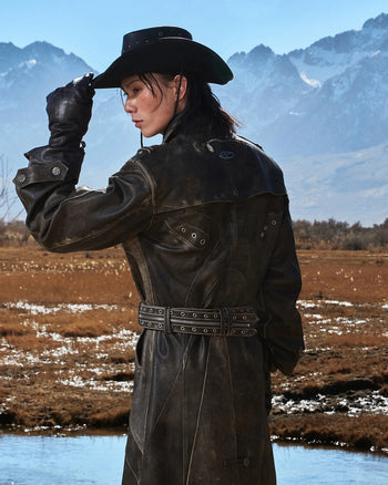 Personsoul Distressed Top-Grain Calf Leather Long Jacket