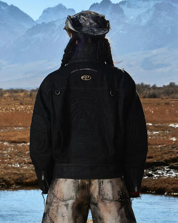 Personsoul Embroidered Stand-Collar Washed Denim Jacket In Black