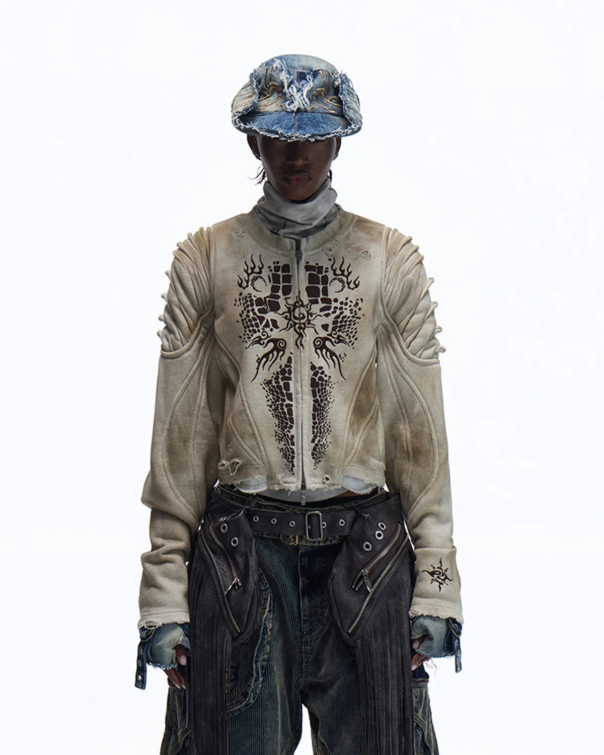 Personsoul Crocodile-print Slim-fit Cropped Jacket